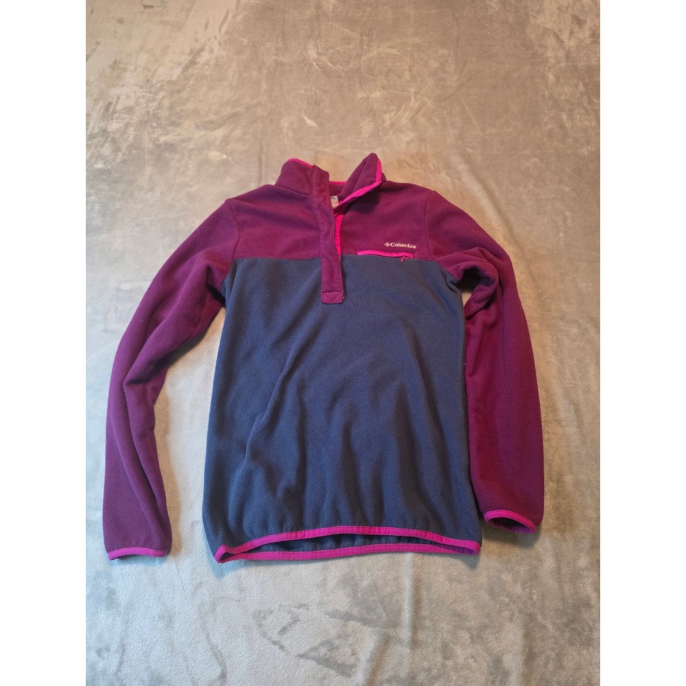 Columbia Fleece Pullover Women XS Purple Navy Blue Snap Neck Long Sleeve